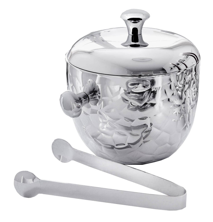 Silver Hammered Finish Ice Bucket W/Tongs