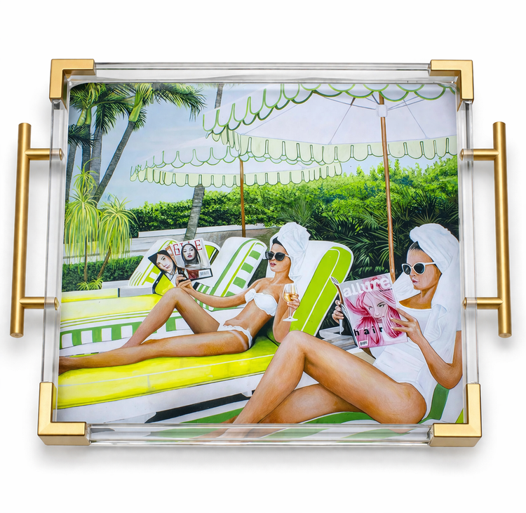 Palm Beach Poolside Tropical Acrylic Tray : Rectangle 9x11in / With gold accent corners