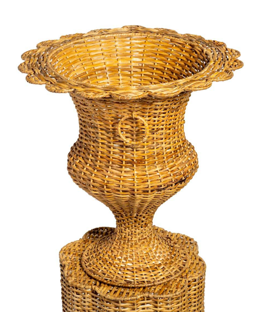 Round Scalloped Wicker Urn and Pedestal: Urn & Pedestal