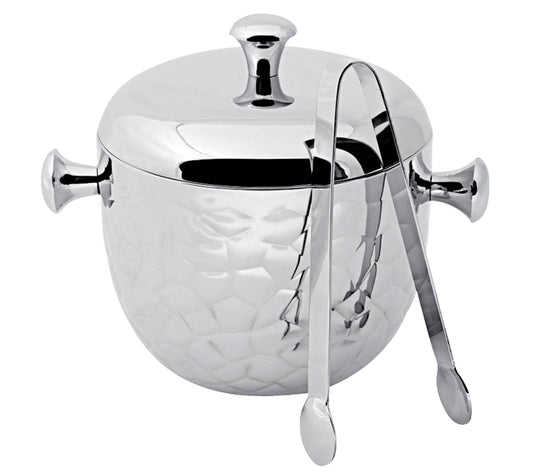 Silver Hammered Finish Ice Bucket W/Tongs