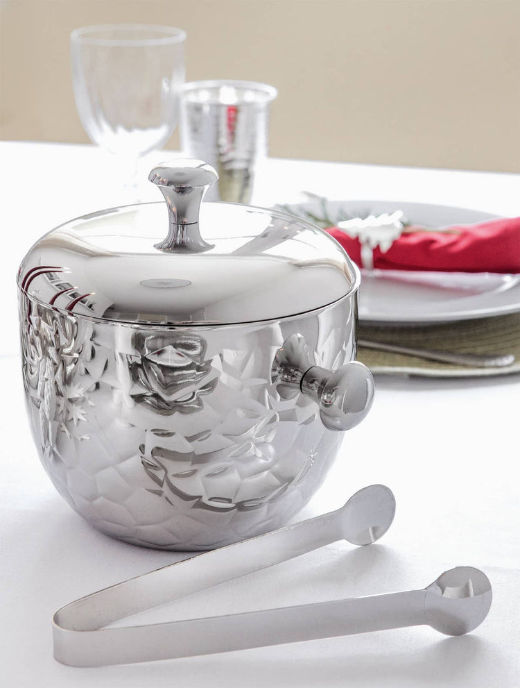 Silver Hammered Finish Ice Bucket W/Tongs