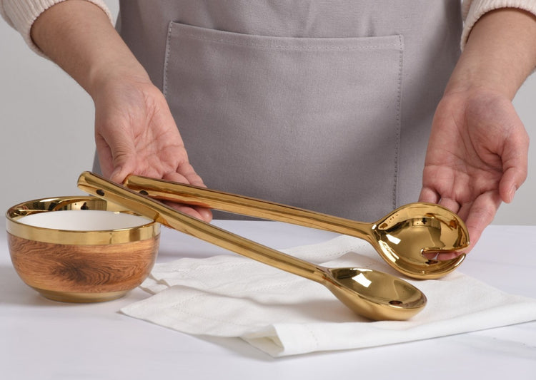 White/Gold Salad Server 10"