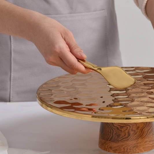 Wood Hammered Gold Cake Stand