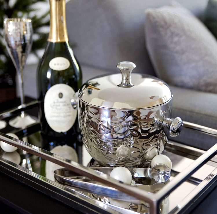 Silver Hammered Finish Ice Bucket W/Tongs