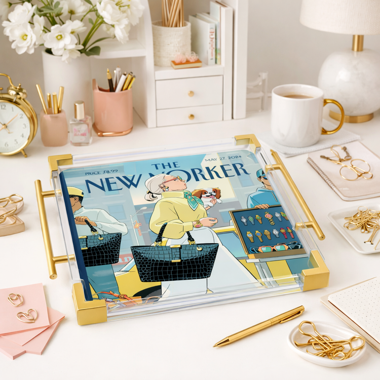 New Yorker Inspired Chic Acrylic Tray 2 Sizes: Large square 12x12in / With gold corner accents