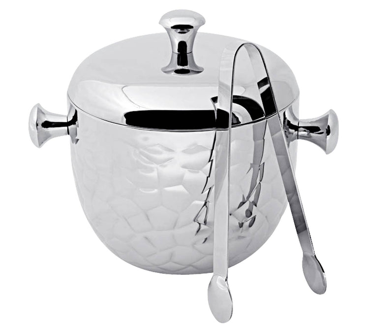 Silver Hammered Finish Ice Bucket W/Tongs