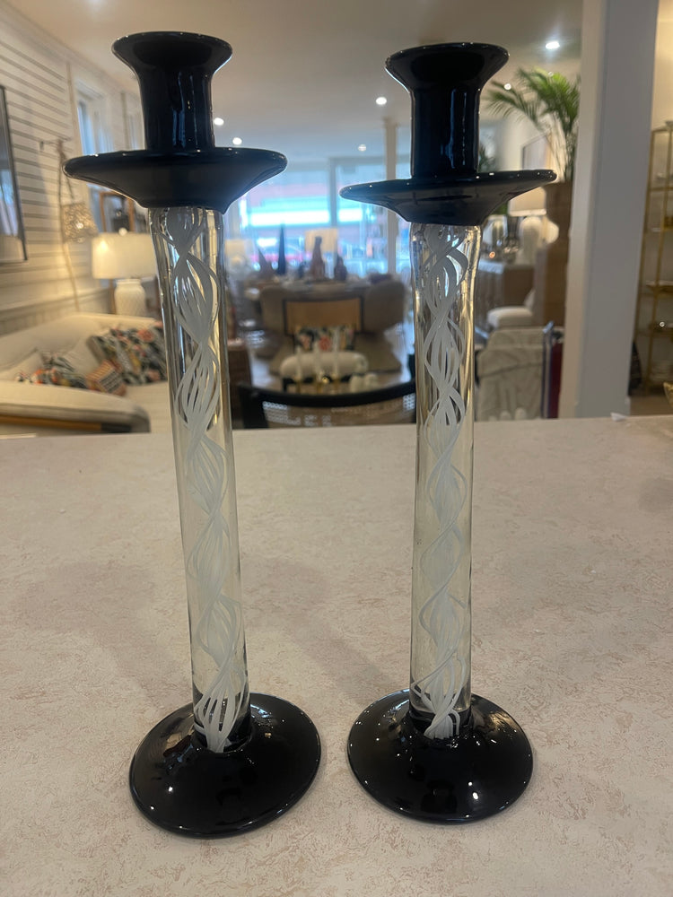 Vintage Murano Black Helix Candlesticks-Pair