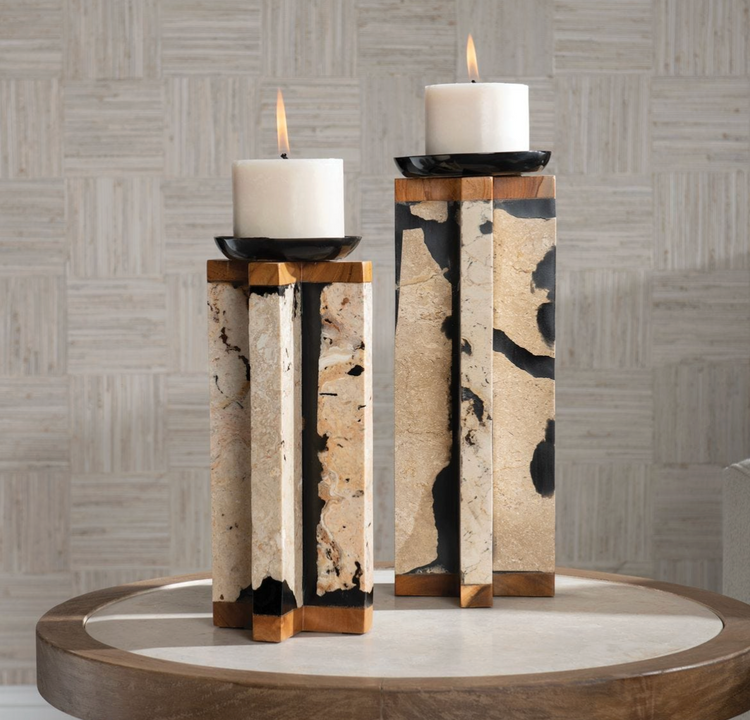 Coral and Teak Candle Holders Set/2