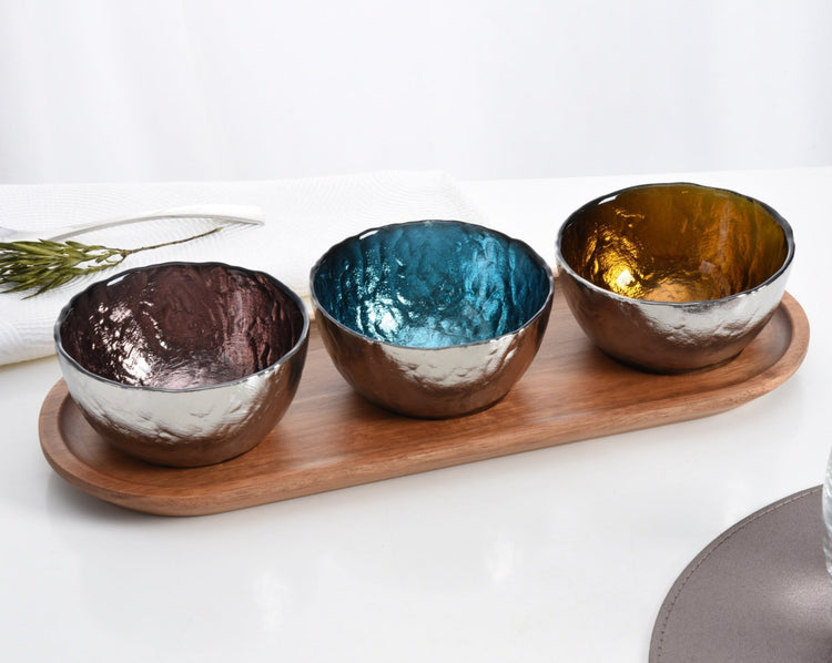 Colored Glass Bowls & Tray Set Of 3