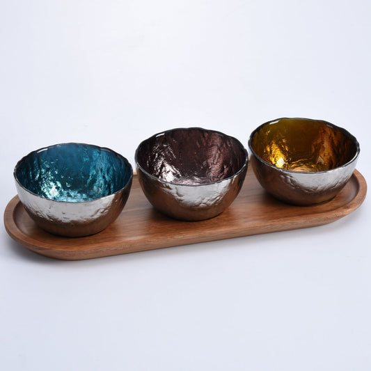 Colored Glass Bowls & Tray Set Of 3