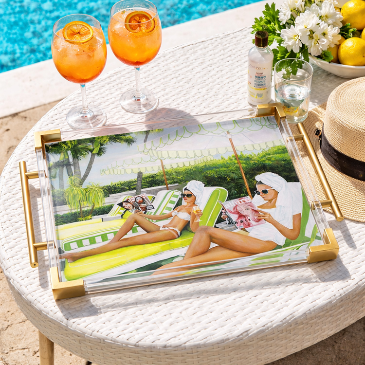 Palm Beach Poolside Tropical Acrylic Tray : Rectangle 9x11in / With gold accent corners