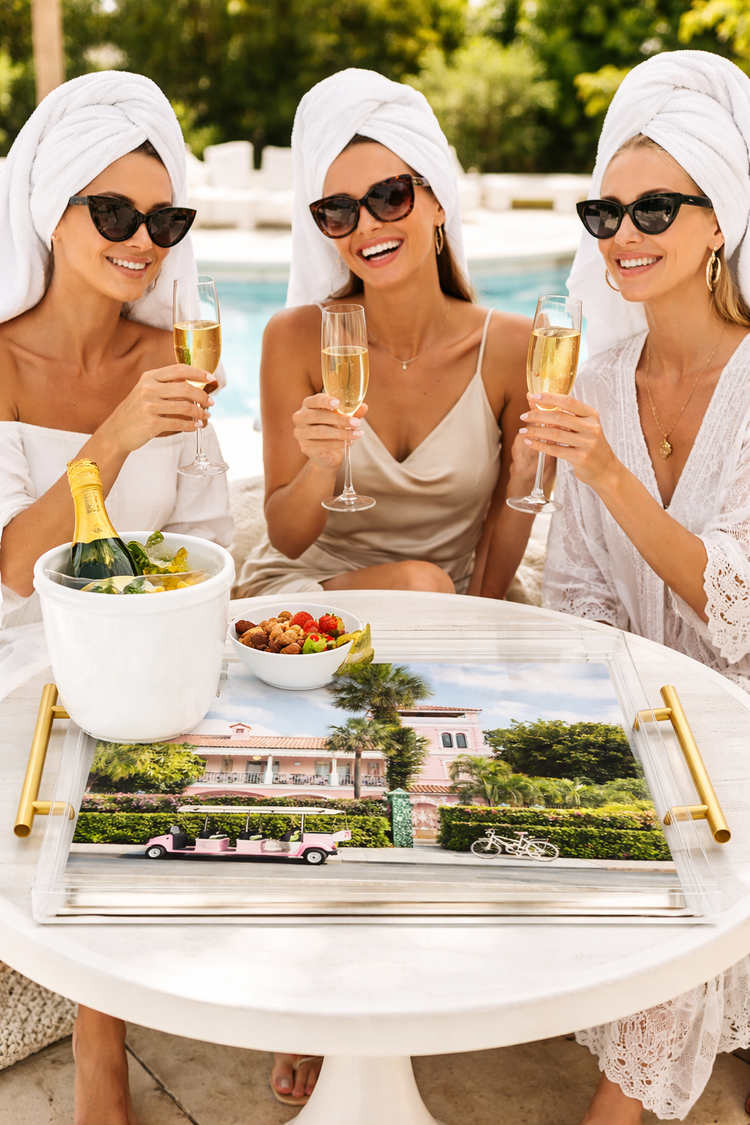 Pink Palm Beach Acrylic Tray Luxury Size 11x9in : With gold corner accents