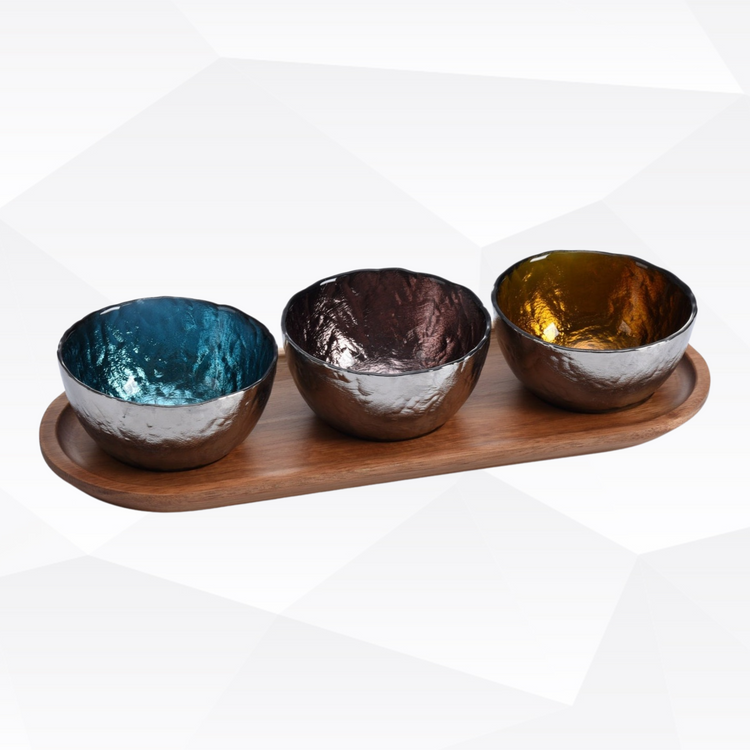 Colored Glass Bowls & Tray Set Of 3